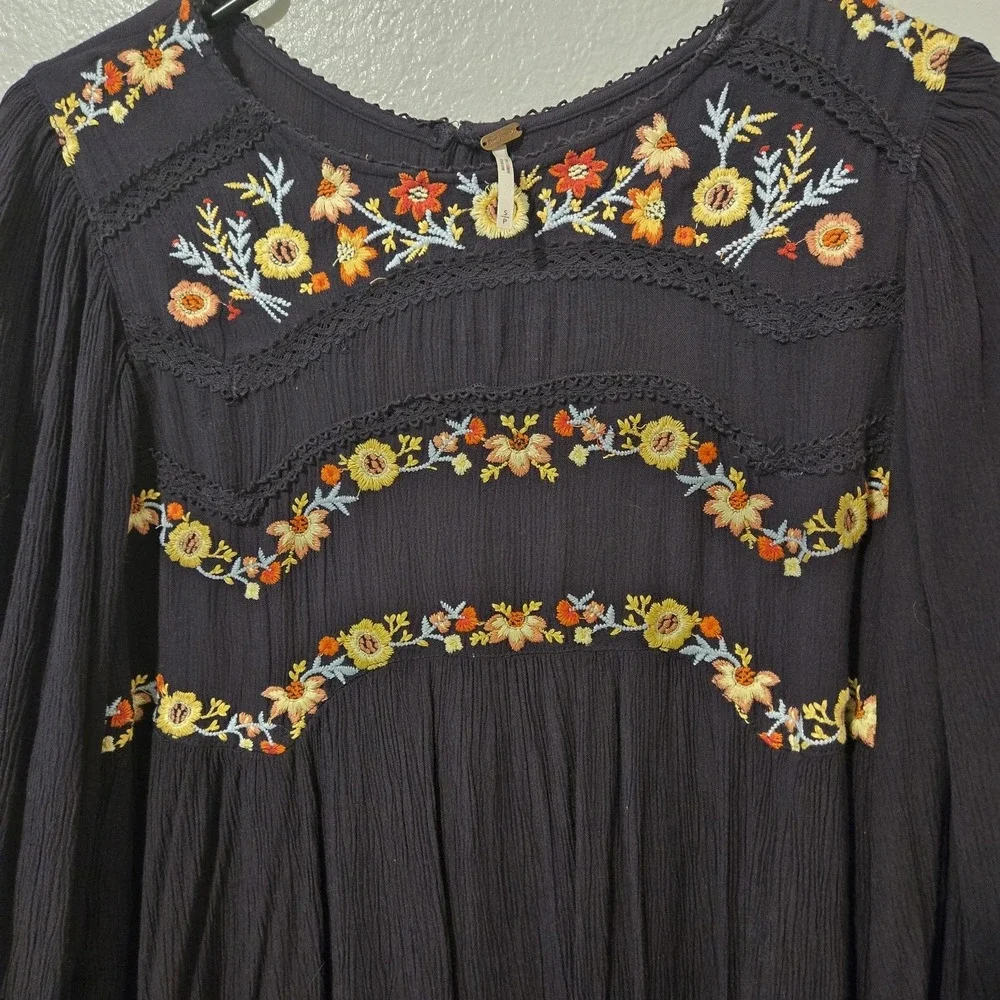 Free People Pasadena Floral Embroidered Long Sleeve Dress With Liner Black Small